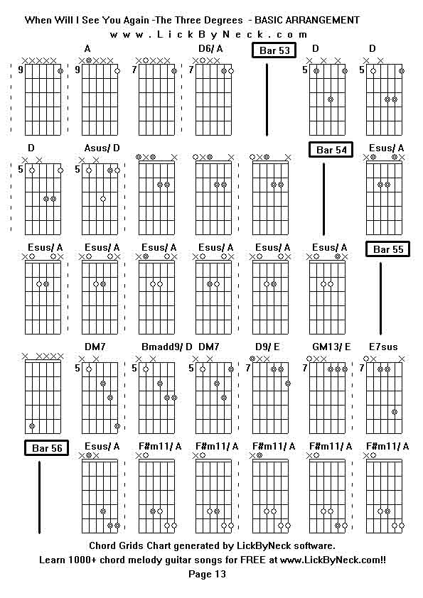 Chord Grids Chart of chord melody fingerstyle guitar song-When Will I See You Again -The Three Degrees  - BASIC ARRANGEMENT,generated by LickByNeck software.